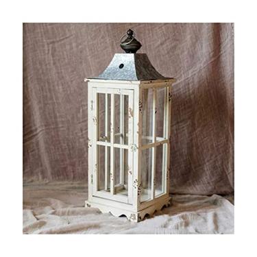 Imagem de Decoração de mesa Grande castiçal de madeira decoração vidro jarda lanterna nostálgica Centro de mesa decorativo(Grande)