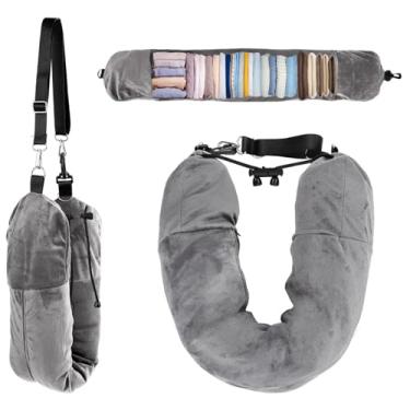 Imagem de Travesseiro de viagem de pelúcia, travesseiro de pescoço de pelúcia para viagem, almofada de pescoço transformável, travesseiro de viagem com roupas ajustável, sem enchimento de travesseiro (cinza)