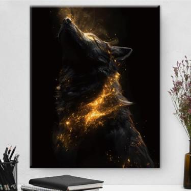 Imagem de Arte de parede em tela estética de lobo e animal preto e dourado - decoração de parede preta dourada para sala de estar, dormitório, quarto, moldura de 20 x 25 cm