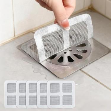 Imagem de Pacote com 6 lençóis de drenagem para banheiro, protetor de ralo de chuveiro adesivo descartável e tapete de prevenção para cabelo e detritos