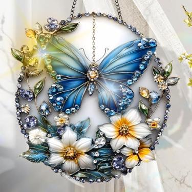 Imagem de Apanhador solar de acrílico colorido, decoração de janela suspensa de borboleta com design de vitral impresso, apanhador de sol, arte de parede de arco-íris, ornamentos de Natal para uso interno e
