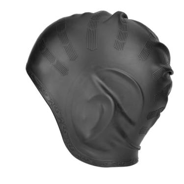 Imagem de Chiffonade Touca de natação de silicone com design 3D, alta elasticidade, à prova d'água, protetor de orelha de cabelo longo, para mulheres e homens adultos (preto)