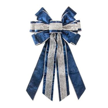 Imagem de On-Airstore Grande laço de guirlanda de Natal com glitter azul real para grinaldas, laços de fita de listras brancas azuis para decoração de Natal para decoração interna e externa de casa suprimentos