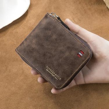 Imagem de Carteira masculina vintage dobrável com zíper - Carteira compacta de couro PU multifuncional com compartimento para dinheiro, compartimentos para cartões e bolso para moedas, Café escuro, Elegante