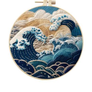 Imagem de FONNUY Kit de bordado para iniciantes, flores de ondas do mar tempestuosas, kits de padrões pré-estampados para adultos com argola, costura de linha colorida fácil de seguir, argola de 20 cm (azul)