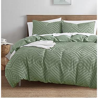 Imagem de Nestl Conjunto de capa de edredom boho Queen tufado com enchimento alternativo acolchoado – estampa verde joia – Conjunto de 4 peças texturizado inclui capa de edredom com enchimento e 2 fronhas