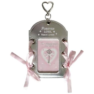 Imagem de Lindo porta-cartões fotográficos com chaveiro fita PU couro prata 7,6 cm mini porta-cartão de identificação com foto protetor de papelaria