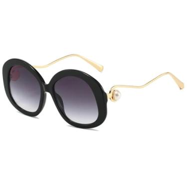 Imagem de JRLLFD Óculos de sol ovais de metal com armação grande e luxuosa para mulheres e homens, para dirigir ao ar livre, UV400 (preto e cinza)