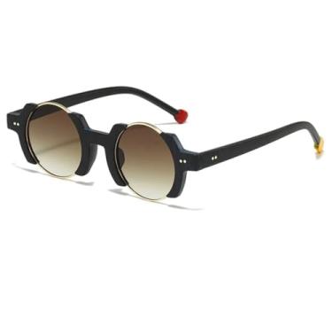 Imagem de HCPIHF Óculos de sol redondos punk femininos, retrô, rebites, masculino, tons degradê, uv400 (preto-marrom)