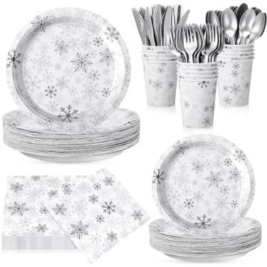 Imagem de Potchen Conjunto de utensílios de mesa de floco de neve de Natal, 210 peças, suprimentos de festa de inverno, descartáveis, pratos de papel de floco de neve, guardanapos, copo de faca de plástico,