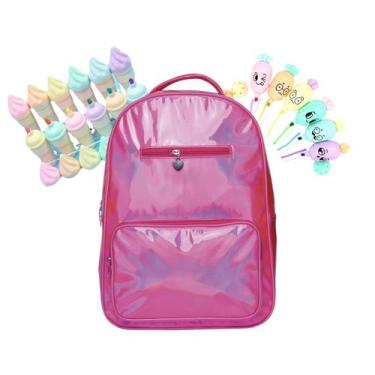 Imagem de Mochila Juvenil Escolar Holográfica 17,5 Rosa c/ Estojo - Yins