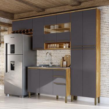 Imagem de Armário de Cozinha com Balcão e Tampo 11 Portas 2 Gavetas Xangai 100% Mdf Vidro Reflecta Amêndoa/Cinza - Pnr Móveis