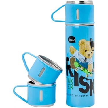 Imagem de Garrafa Térmica de Aço Inox 500ml com Xícaras, Estampa Urso Bebida Quente e Fria 12 Horas (Lilás)