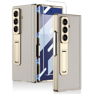 Imagem de TOPSEM Capa de couro para Samsung Galaxy Z Fold 7 com suporte, [protetor de tela integrado e proteção magnética da dobradiça] Capa fina e luxuosa à prova de choque para Samsung Galaxy Z Fold 7 (bege)