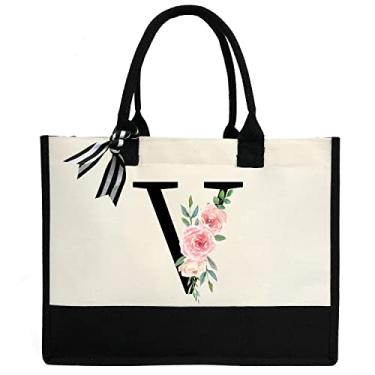 Imagem de Bolsa feminina de lona com inicial personalizada, bolsa de praia com bolso interno com zíper para casamento, aniversário, praia, férias, V