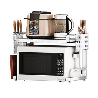 Imagem de HHHJQFAAT Suporte extensível para forno de micro-ondas, prateleira ajustável para micro-ondas/torradeira, organizador de bancada de cozinha resistente, suporte de micro-ondas com armazenamento, para