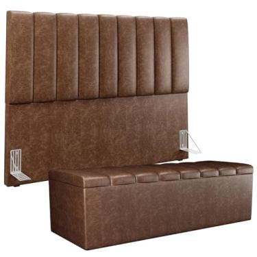 Imagem de Kit Cabeceira Cama Box Queen 160cm Calçadeira Baú Dália W01 Couríssimo Marrom - Lyam Decor