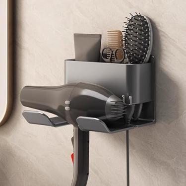 Imagem de 1 suporte versátil para secador de cabelo montado na parede para prateleiras de banheiro, sem broca, secador de cabelo, prateleira de armazenamento de banheiro - cinza