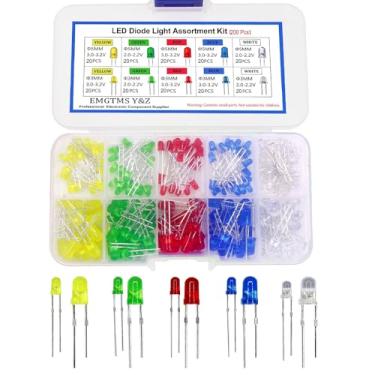 Imagem de Diodos emissores de luz LED F3/5 mm branco para manutenção vermelho/verde/amarelo/azul/branco, testes, aprendizagem, design de circuito, kit de componentes eletrônicos, total de 200 peças