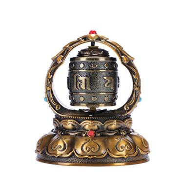 Imagem de Roda de oração, roda de oração giratória budista tibetana ornamentos criativos de mesa, roda de oração budista movida a energia solar, para escritório em casa (Bronze)