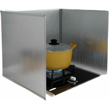 Imagem de HYUIO Protetor contra respingos de óleo de fogão de 3 lados, tela dobrável contra respingos de graxa de aço inoxidável, placa isolante contra respingos de óleo para cozinhar na parede superior do