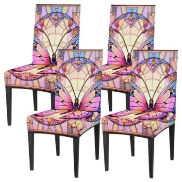 Imagem de hongjinglin Conjunto de 4 capas elásticas para cadeira de sala de jantar, vitral, borboleta, lavável, para cozinha, casa, hotel, banquete, festa de casamento, cerimônia
