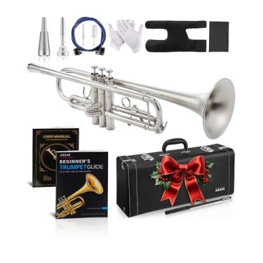 Imagem de AKLOT Trompete Bb Ponderado Leadpite: Pistões de níquel galvanizado, prata fosca escovada, protetor de dedo de couro, bocais de trompete ponderados e padrão, estojo de couro elegante, livro de lições