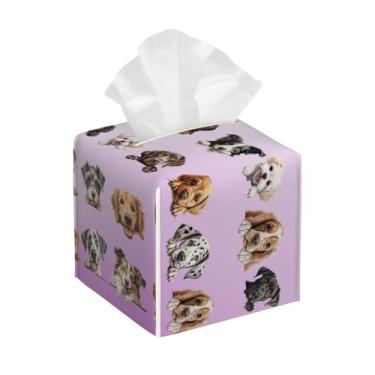 Imagem de Capa quadrada de couro para caixa de lenços de papel, impermeável, rosa, animal, cão, organizador de papel facial com cinto inferior, estojo de lenços para mesa, banheiro, escritório, mesa, carro