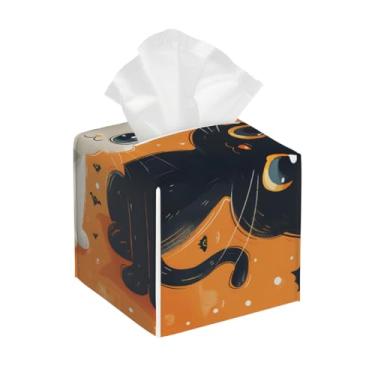 Imagem de Capa quadrada de couro para caixa de lenços à prova d'água Halloween gato fantasma bonito organizador de papel facial com cinto inferior cubo estojo de lenços para mesa, banheiro, escritório, mesa
