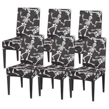 Imagem de hongjinglin Conjunto de 6 capas elásticas para cadeira de sala de jantar, capa protetora de assento de cadeira, esqueleto, preto, removível, lavável, para cozinha, casa, hotel, banquete, festa de