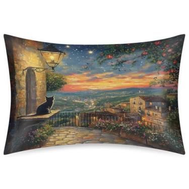 Imagem de Fronha Queen Size de cetim de seda para cabelo e pele, capa de almofada macia para resfriamento, paisagem de gato, lindas capas de travesseiro com fecho de envelope para dormir, mulheres, homens