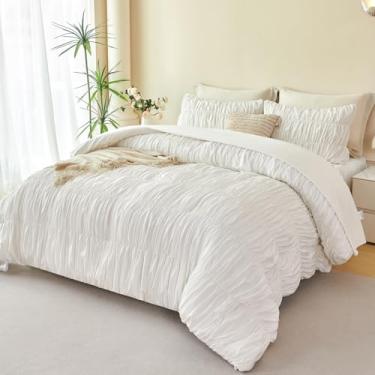 Imagem de PERFEMET Jogo de cama casal branco, 5 peças, edredom franzido fofo (200,7 x 228,6 cm), cama de luxo macio boho chique em uma bolsa com lençol, conjunto de cama com textura plissada para todas as
