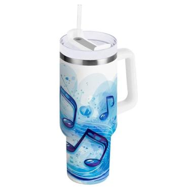 Imagem de xigua Music Notes Copo de 850 g com tampa e canudo, aço inoxidável de vácuo duplo isolado garrafa de água esportiva suporte para copo de café de viagem à prova de vazamento para bebida gelada
