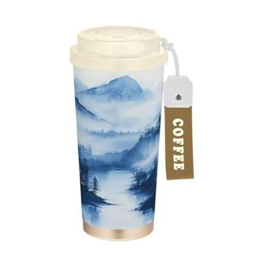 Imagem de SEHANY Caneca de viagem com paisagem de montanha em aquarela de 482 g, copos de café reutilizáveis revestidos de cerâmica com tampa à prova de vazamento, parede dupla, isolamento a vácuo, copo de café