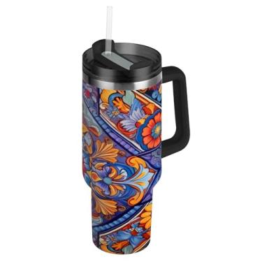 Imagem de Blueangle Copo de cerâmica mexicano de 850 g com alça e tampa de palha, caneca de viagem de aço inoxidável isolada a vácuo de parede dupla, garrafa de água reutilizável para academia de escritório ao