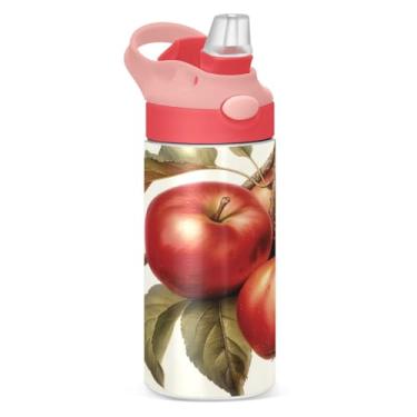 Imagem de Blueangle Garrafa de água de maçãs vermelhas isoladas de aço inoxidável de 350 ml com tampa de canudo - Garrafa esportiva reutilizável e portátil à prova de vazamento para viagens, ao ar livre #514