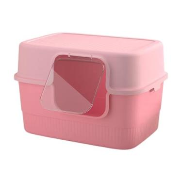 Imagem de Ioensy Bandeja de areia para animais de estimação totalmente coberta, recipiente para areia de gato com colher, fácil de usar, vaso sanitário removível para, Rosa