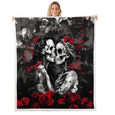 Imagem de Cobertor de lã de ovelha para casal de caveira de açúcar 127 x 152 cm, cobertor gótico romântico de lã rosa, amantes de esqueleto branco gótico, flor, amor, coração, felpudo, para Halloween, adultos