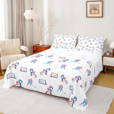Imagem de Manfei Jogo de cama casal de jogadores de hóquei, jogo de cama, jogos de esportes de inverno, decoração de quarto infantil, lençol branco e azul (com elástico + plano + 2 fronhas)