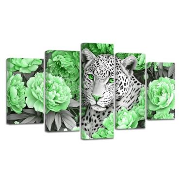 Imagem de CXHOSTENT Arte de parede em tela de leopardo, 5 peças, imagem floral de guepardo e peônia, estampa de vida selvagem em preto e branco, pintura de animais selvagens africanos para decoração de