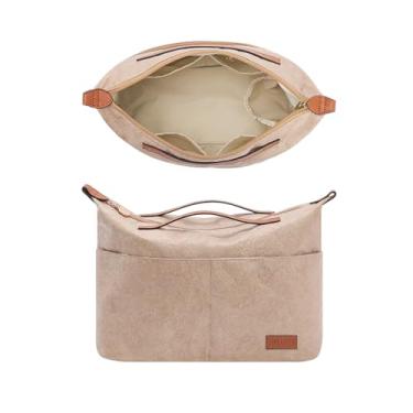 Imagem de GIVLEFLY Organizador de bolsa com forro de zíper (cáqui claro, grande 32) inserções organizadoras, vários bolsos, porta-copos e guarda-chuva, divisórias médias para bolsa com alça, adequado para