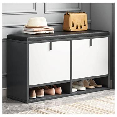 Imagem de FAMEOYA Banqueta estofada moderna e simples sapateira de armazenamento de sapatos de madeira maciça nórdica banco de troca de sapatos banco de sofá estofado doméstico 80 x 24 x 50 cm, branco