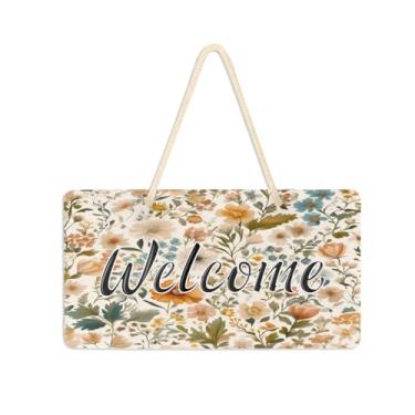 Imagem de Burbuja Placa de boas-vindas de flores para porta da frente, placa de boas-vindas de PVC para decoração de férias, 15 x 28 cm