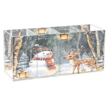 Imagem de CEBUGI Porta-canetas de acrílico com 4 compartimentos, organizador de lápis transparente, boneco de neve, rena, suporte de pincel de maquiagem para escritório em casa, escritório