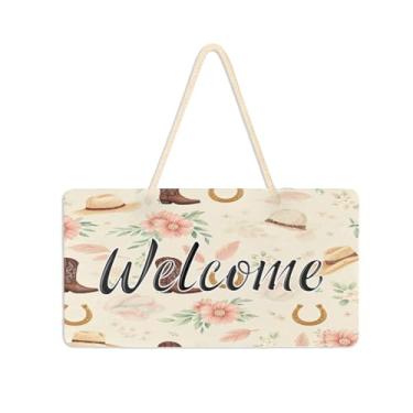 Imagem de Burbuja Placa de boas-vindas com flores em ferradura para porta da frente, placa de boas-vindas de PVC para pendurar na parede varanda casa de fazenda, decoração de feriados, 15 x 28 cm