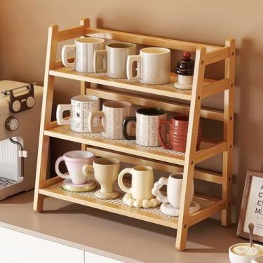 Imagem de SHANXUMC Organizador de estação de café com aparência de vime de 3 camadas, organizador de bancada de bambu, armazenamento matcha, prateleira de exibição de copos, rack de armazenamento de condimentos