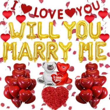 Imagem de Balões Will You Marry Me - 546 peças de balões dourados com letras douradas em forma de coração I Love You, bandeira de proposta e pétalas de rosa artificiais para noivado, casamento, dia dos