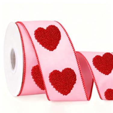 Imagem de Whaline Fita de borda com fio dia dos namorados 7 cm coração rosa vermelho 3D jacquard veludo fita de embrulho para casamento, aniversário de casamento, artesanato, faça você mesmo, grinalda, 5 jardas