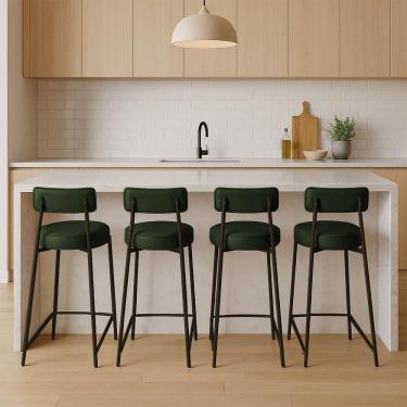 Imagem de Banqueta Cozinha Alta Com Encosto Industrial Dourado Kit 4 Londres Pu Verde D03 - D`rossi