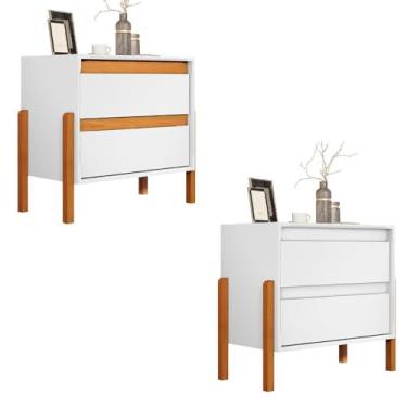 Imagem de Kit 2 Mesa de Cabeceira Verona 2 Gavetas Pés Madeira Maciça Branco/nature